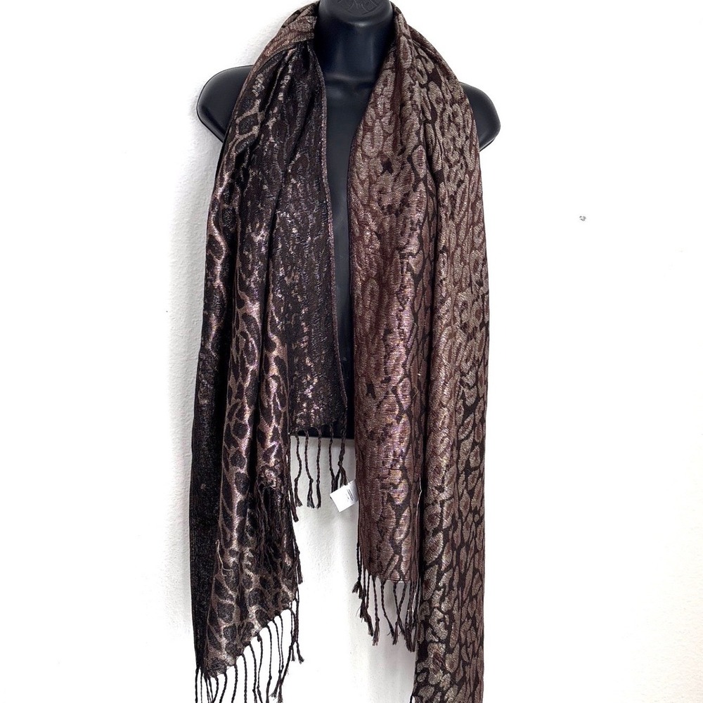 Chocolate Brown Leopard Metallic Fringe Scarf Cheetah Wrap Gold Witchy Indie
